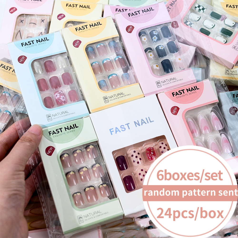 Nail Art Press On - 6박스/세트 짧은 사각형 페이크 네일 러브