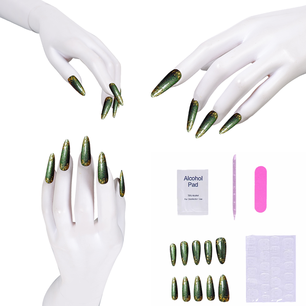 Nail Art Press On - 반짝이는 금색 악센트가 있는 녹색 프레스온