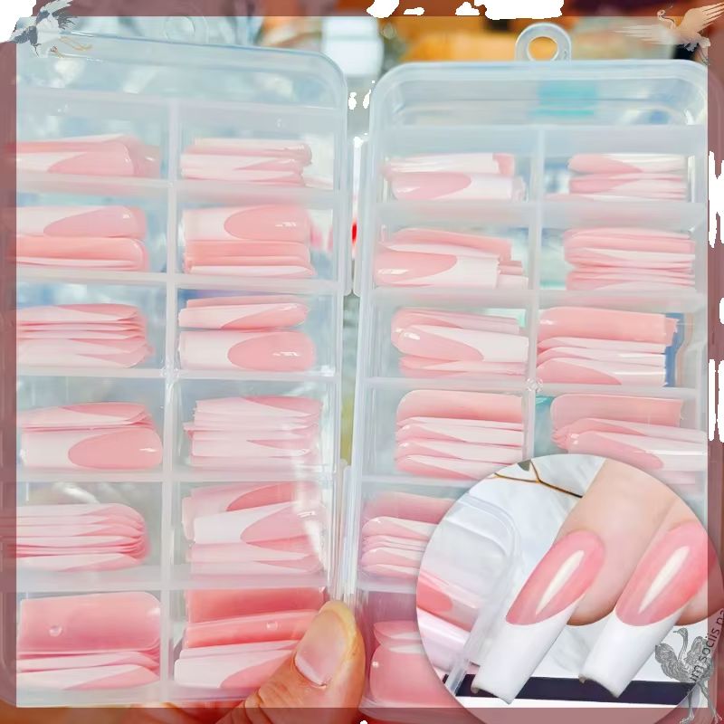 Nail Art Press On - 120개 광택 핑크 프렌치 프레스온 네일