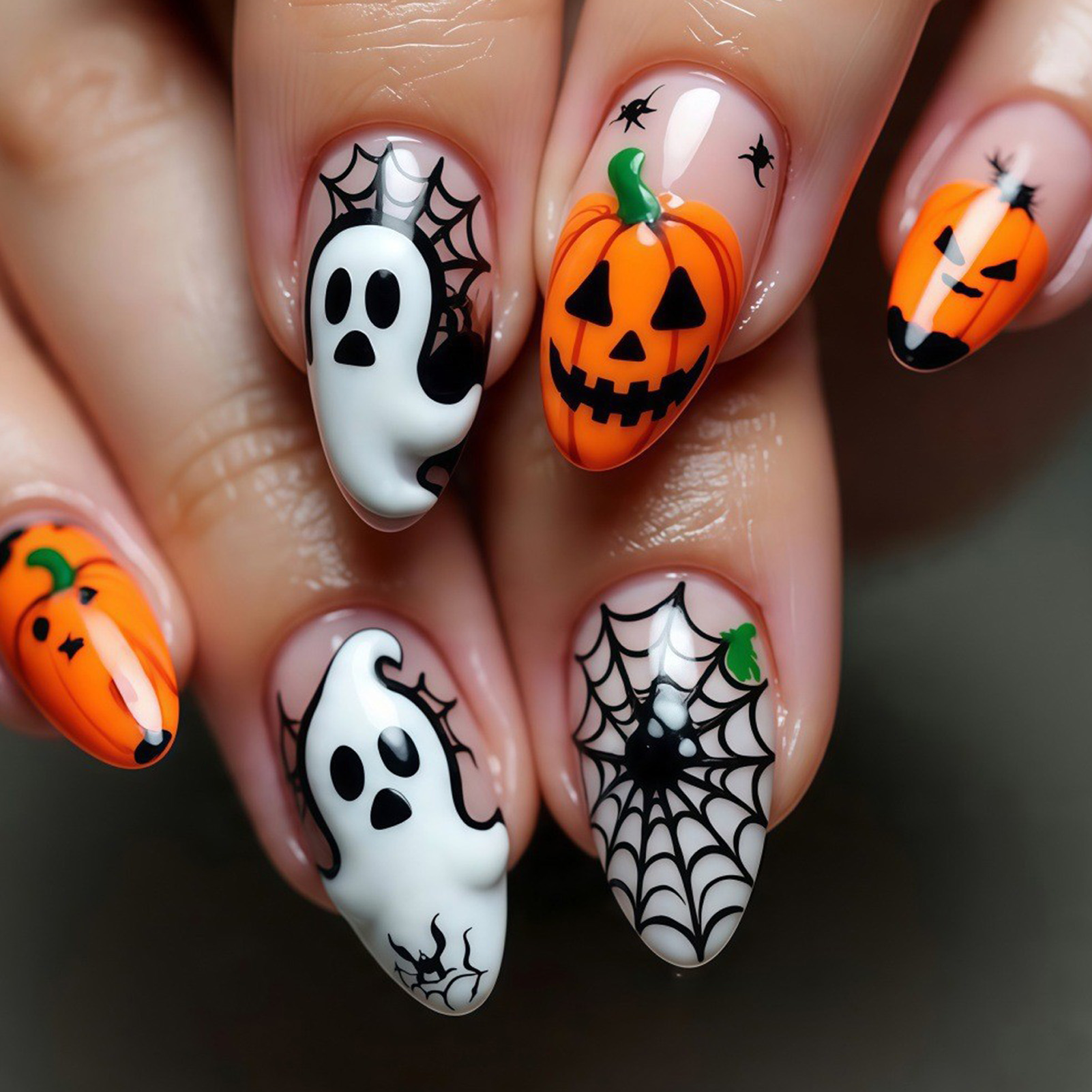 Nail Art Press On - 24개 할로윈 프레스온 네일 고스트 호박