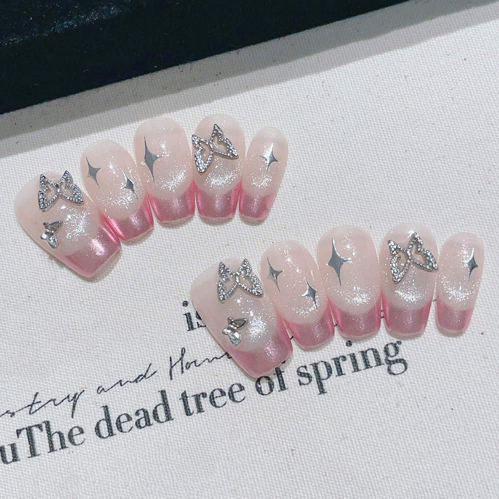 Nail Art Pink - 10개입 짧은 사다리꼴 수제 프레스온 네일