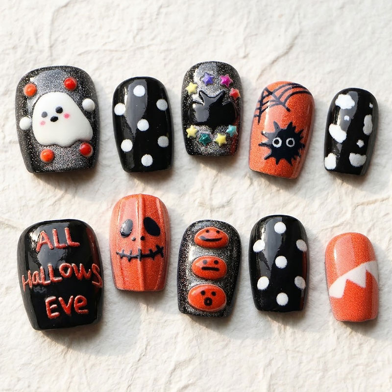 Nail Art Press On - 10개입 할로윈 유령 호박 프레스온 네일,