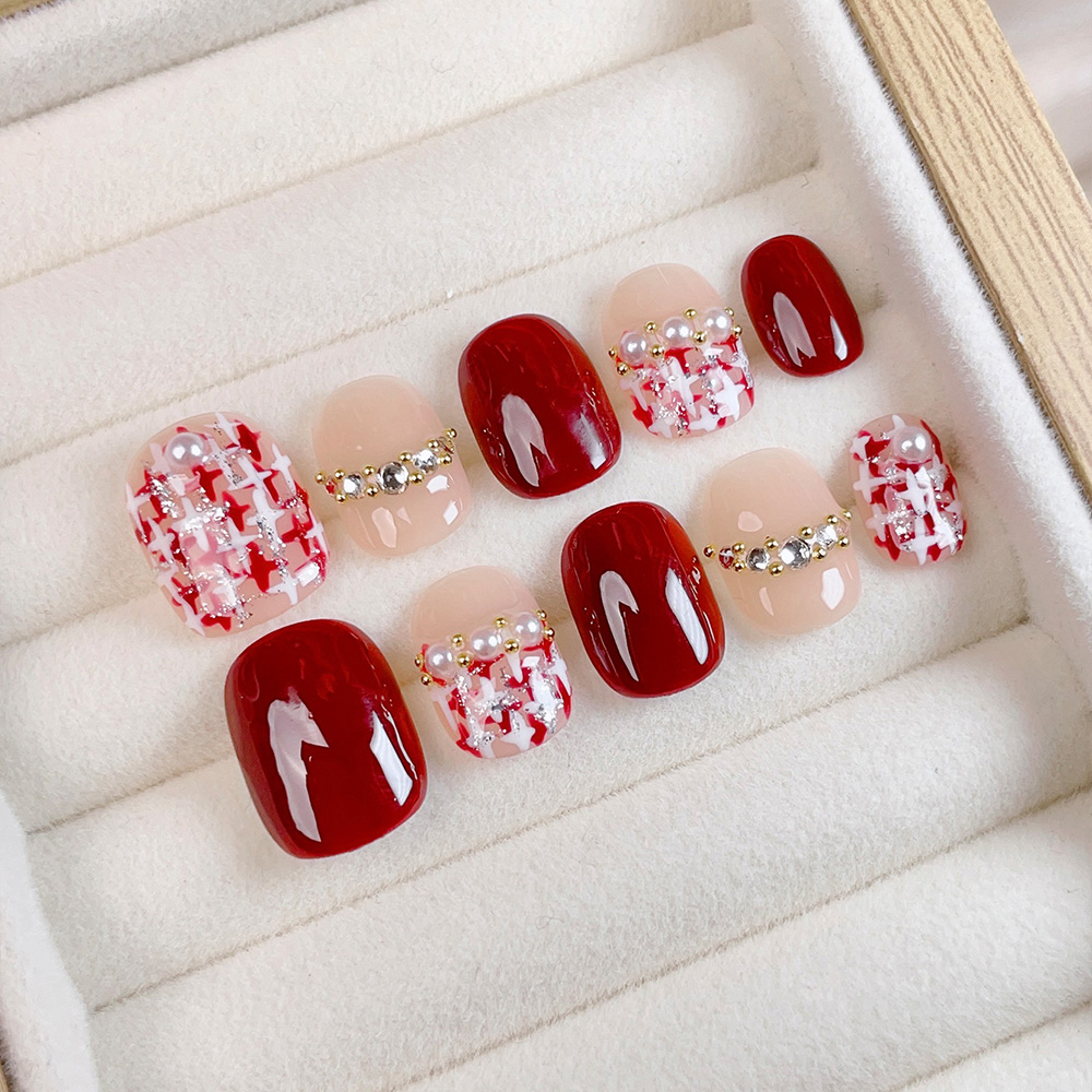 Nail Art Press On - 10개입 짧은 사각형 라운드 핸드메이드 프레스온