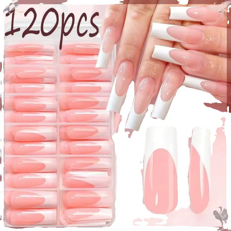 120개 광택 핑크 프렌치 프레스온 네일 롱 스퀘어 1 - Nail Art Press On 리뷰 및 가격