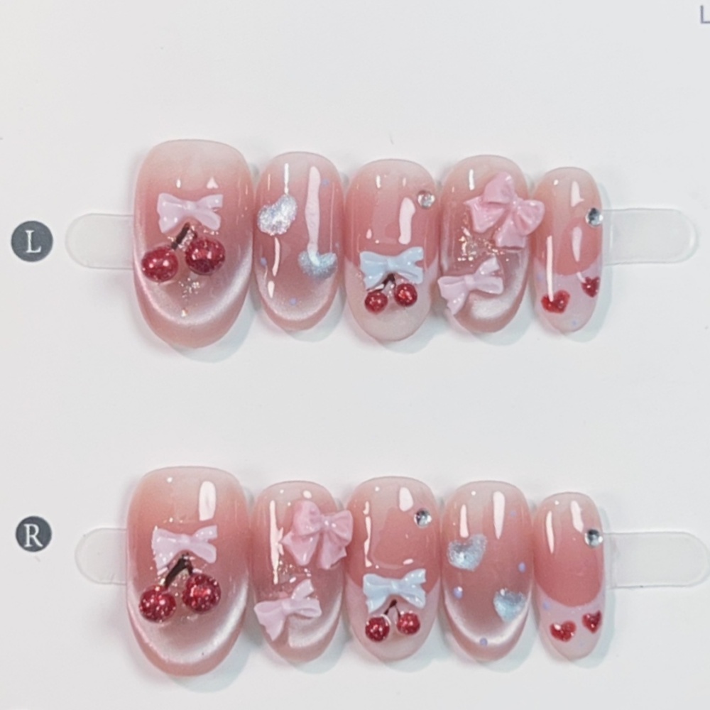 10개 고양이 눈 수제 가짜 네일 팁 스윗 체리 보우  - Nail Art Pink 리뷰 및 가격