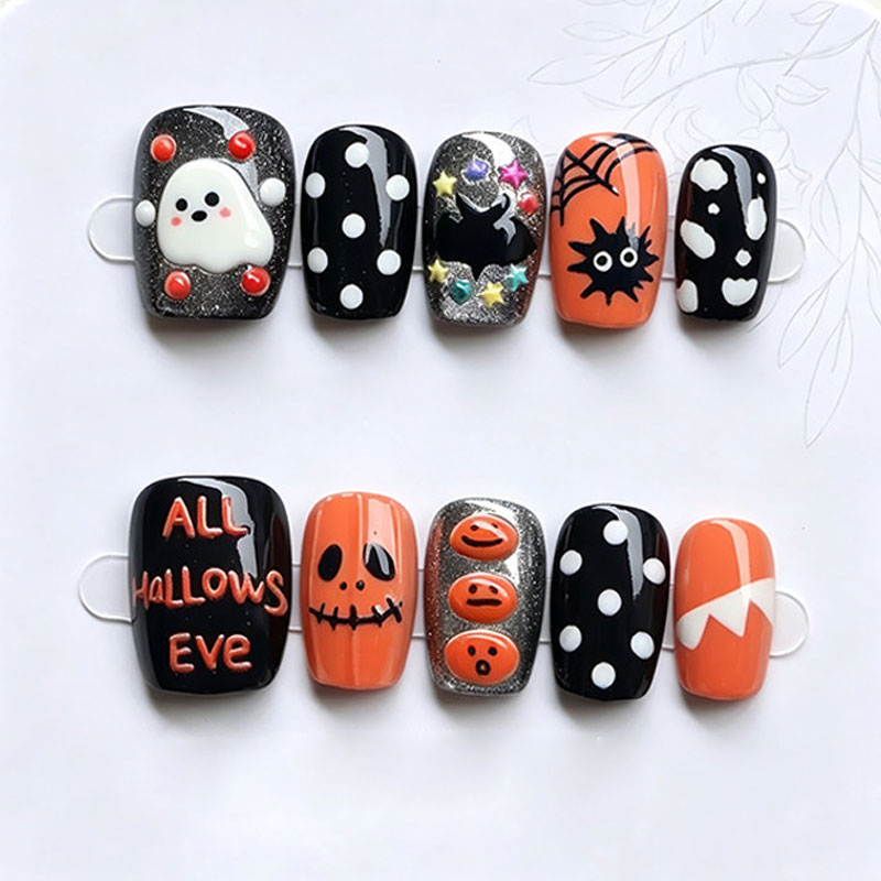10개입 할로윈 유령 호박 프레스온 네일, 달콤하고 멋 - Nail Art Press On 리뷰 및 가격