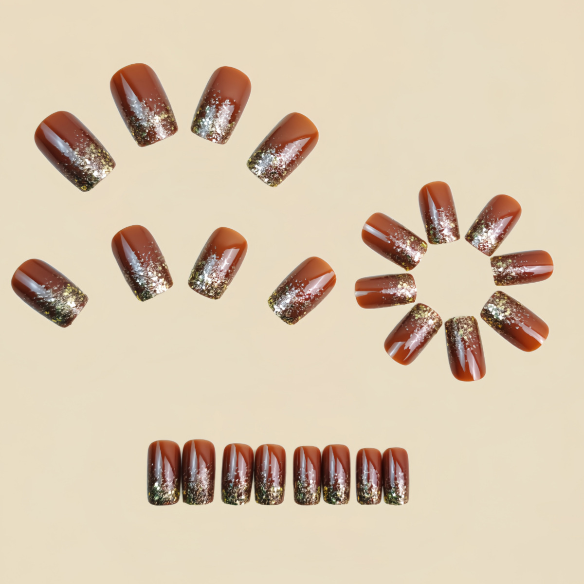 짧은 중간 길이의 가짜 손톱 그라데이션 갈색 빨강 검정 - Nail Art Press On 리뷰 및 가격