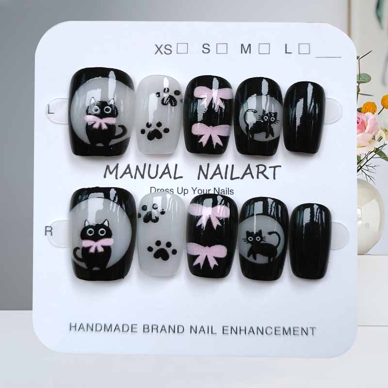 10개 귀여운 만화 검은 고양이와 핑크 나비 매듭 수제 - Nail Art Pink 리뷰 및 가격