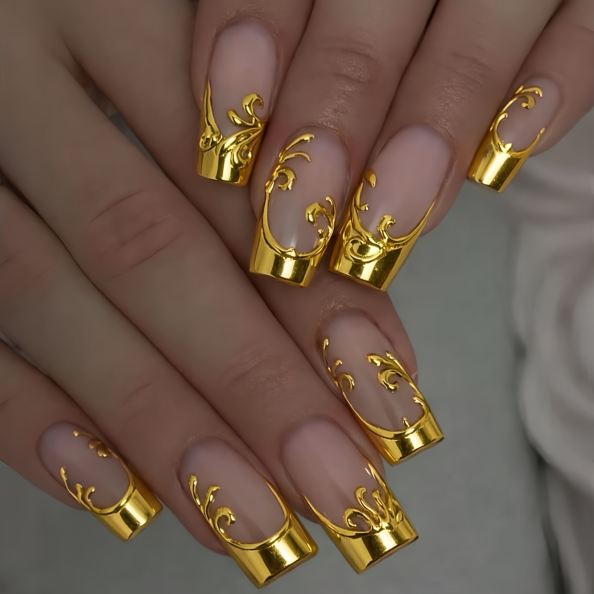 여성용 중간 길이 인조 손톱, 사각형 모양, 누드 골드 - Nail Art Press On 리뷰 및 가격
